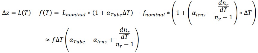 Equation 3: Defocus distance as a function of lens and tube length and thermal properties