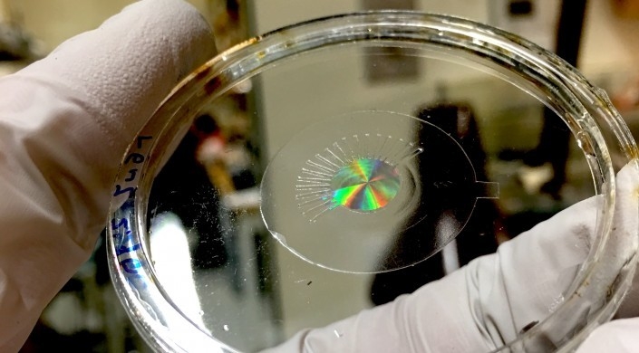 Photo of the metalens (made of silicon) mounted on a transparent, stretchy polymer film, without any electrodes. The colorful iridescence is produced by the large number of nanostructures within the metalens. (Image courtesy of the Capasso Lab/Harvard SEAS)